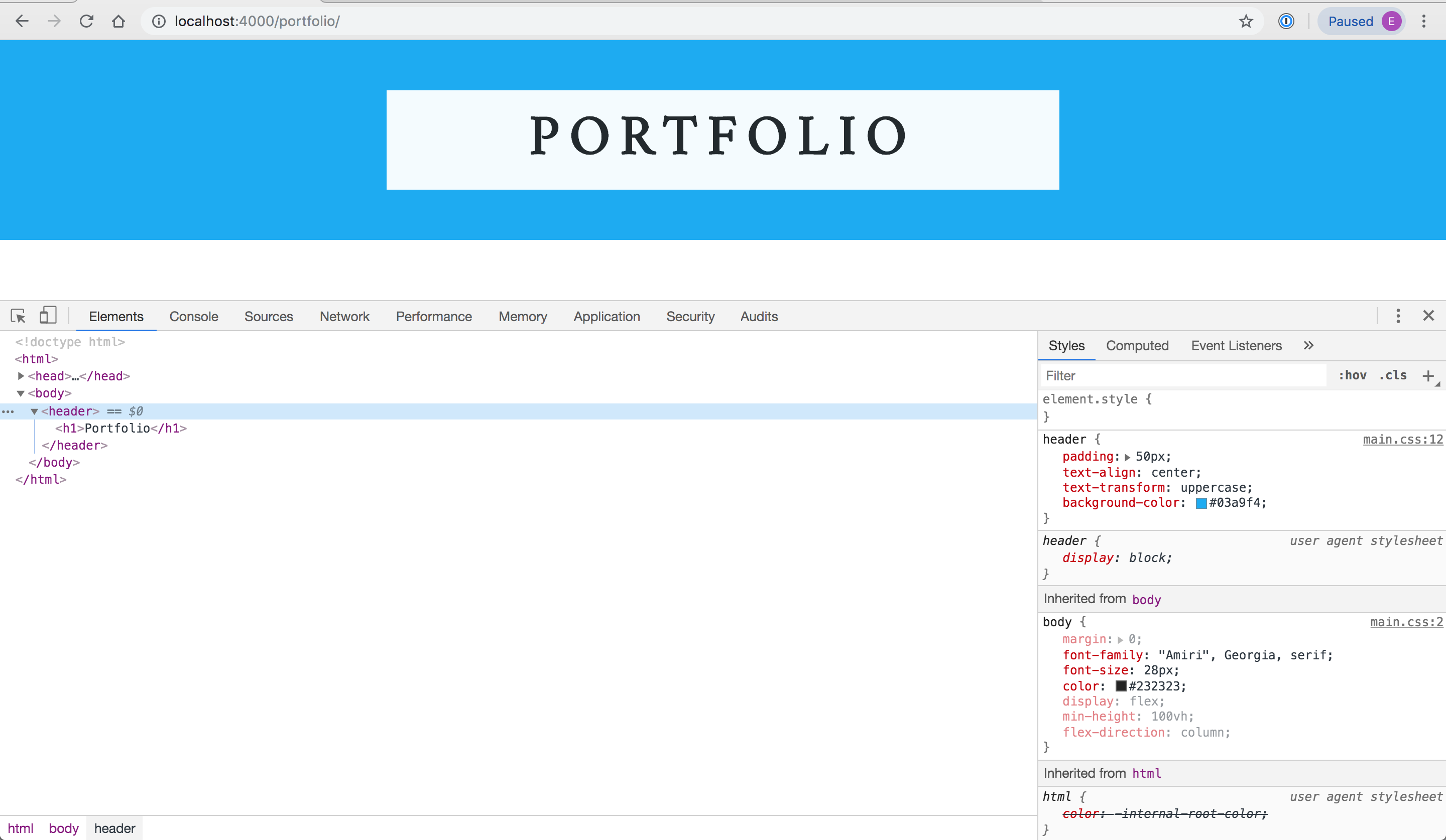 Screeshot of the portfolio page showing the header is blue