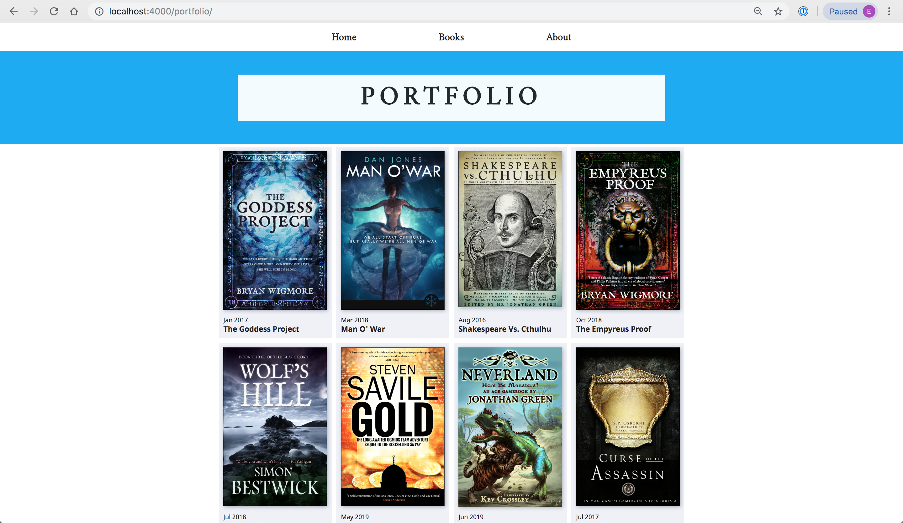 The portfolio page looking nice with our book data being used to dynamically create one cover per book