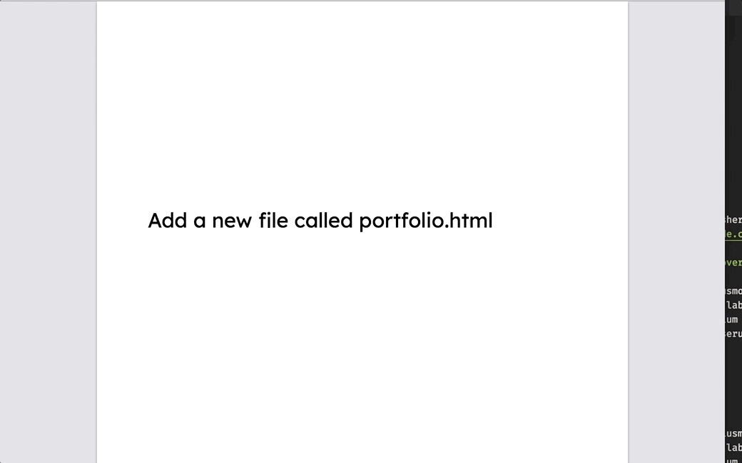 A gif showing the programmer adding a new file called portfolio.html to the repo